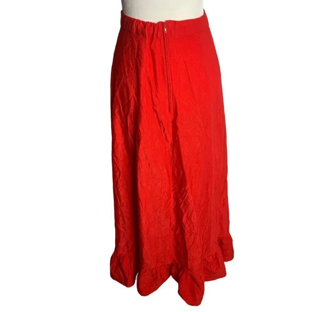 Vintage 70s Soft Corduroy Skirt S Red Lace Ruffle Prairie Cottage Core
